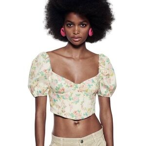 Zara Crop Top Women’s Size Large Floral Puffy‎ Sleeve Smocked Back Corset Point